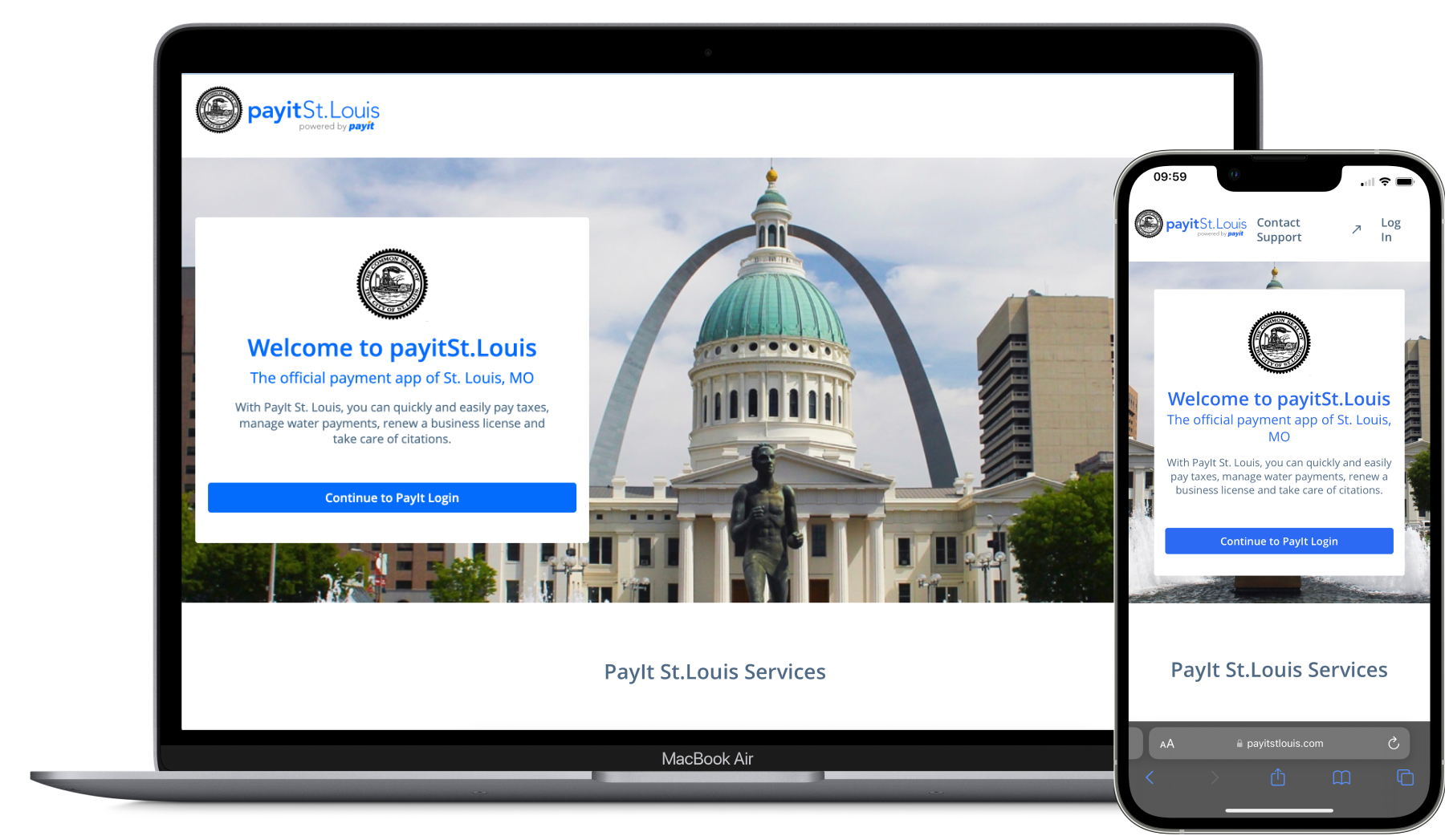 Property tax payment app of the city of St. Louis powered by PayIt 