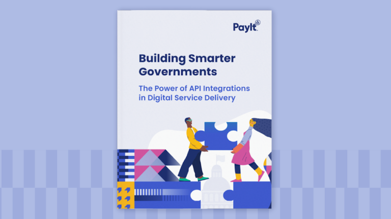 Cover of a white paper titled 'Building Smarter Governments: The Power of API Integrations in Digital Service Delivery'. The cover features abstract illustrations of two people fitting puzzle pieces together with geometric patterns and a stylized government building in the background.