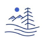 mountains, tree, river, and sun icon