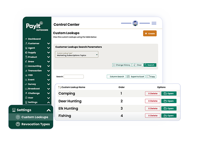 A screen rendering of the Control Center feature of the PayIt Outdoors administrative tool.