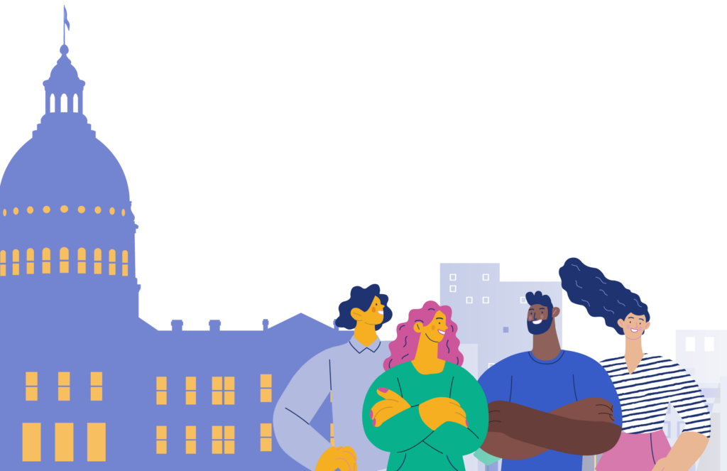 Illustration of a diverse group of people standing in front of a government building, symbolizing inclusive access to public services and digital equity.