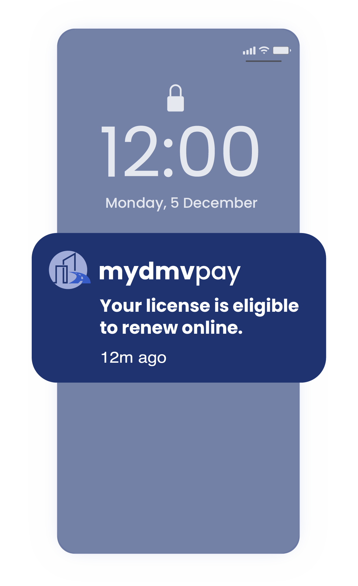 mydmvpay "Your license is eligible to renew online." notification on a phone illustration