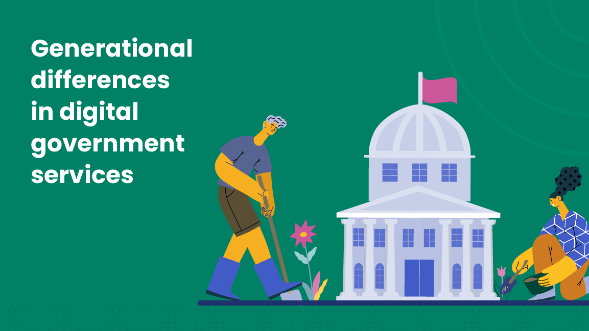 The image features an illustration of two individuals engaged in gardening outside a government building with a pink flag. On the left, bold white text reads, "Generational differences in digital government services." The background is a solid green color, with minimal decoration. The individuals symbolize different generations, highlighting the theme of the text.