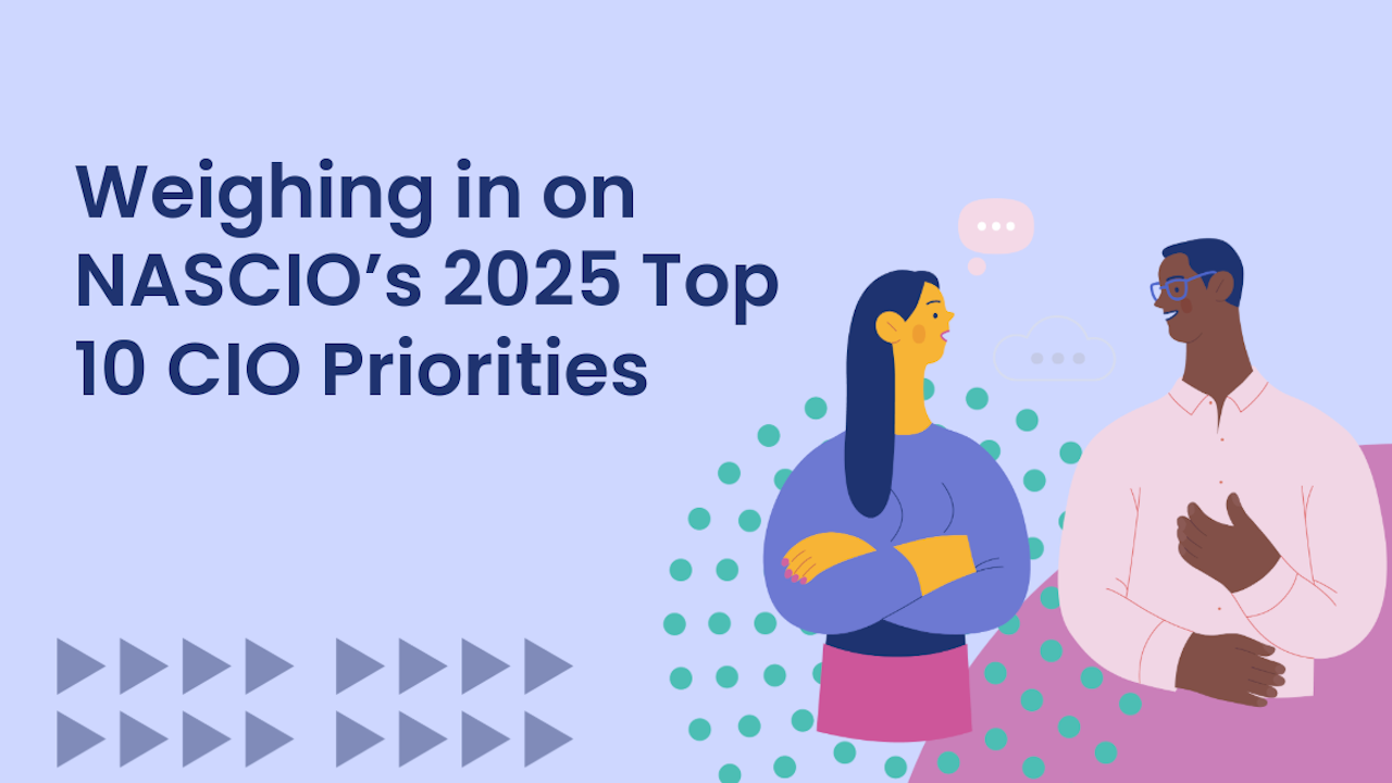 Illustration of two people having a conversation with speech bubbles above them. Text reads: 'Weighing in on NASCIO’s 2025 Top 10 CIO Priorities' against a light purple background with decorative triangle and dotted patterns.