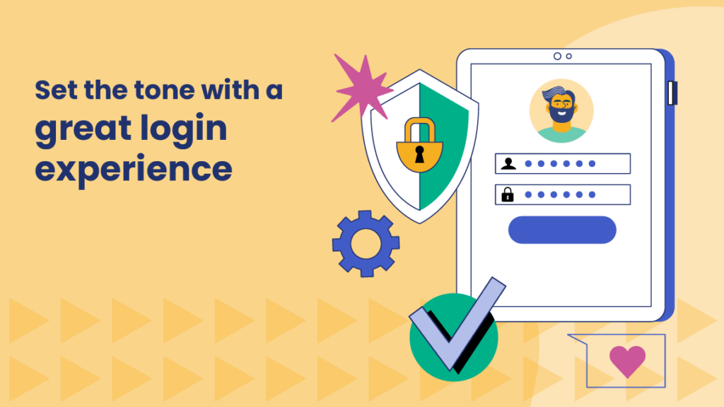 Illustration with the text 'Set the tone with a great login experience' in bold, dark blue font on a yellow background. To the right, a digital tablet displays a login screen with username and password fields. Surrounding the tablet are security-related icons: a shield with a lock, a checkmark inside a green circle, a gear, and a heart inside a speech bubble, symbolizing security, usability, and positive user experience.