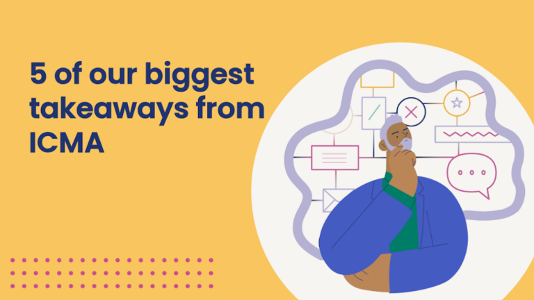 Graphic with navy text on a yellow background reading, '5 of our biggest takeaways from ICMA.' To the right, an illustrated man in a blue blazer and green shirt looks thoughtful, with a thought bubble containing icons and diagrams.