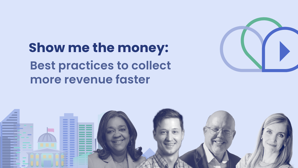 Webinar promotion graphic titled 'Show me the money: Best practices to collect more revenue faster' featuring four speaker headshots and a cityscape illustration at the bottom.