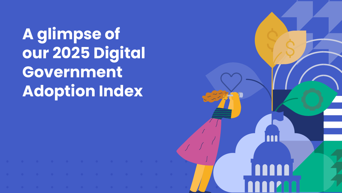 Graphic with the text “A glimpse of our 2025 Digital Government Adoption Index” on a bright blue background. The illustration features a woman looking through binoculars toward symbolic elements like dollar sign leaves, a heart icon, gears, and a government building, representing future trends in digital government services.