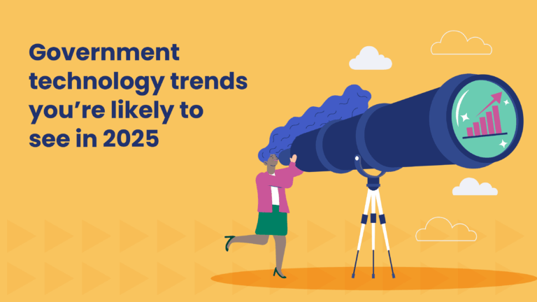 Illustration with the headline “Government technology trends you’re likely to see in 2025” on a yellow background. A woman with blue hair looks through a large telescope, which displays a rising bar graph with an arrow, symbolizing growth and future trends. White clouds are scattered in the background