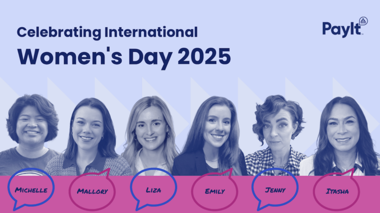 Graphic celebrating International Women's Day 2025, featuring six women smiling with their names—Michelle, Mallory, Liza, Emily, Jenny, and Itasha—displayed in colorful speech bubbles below.