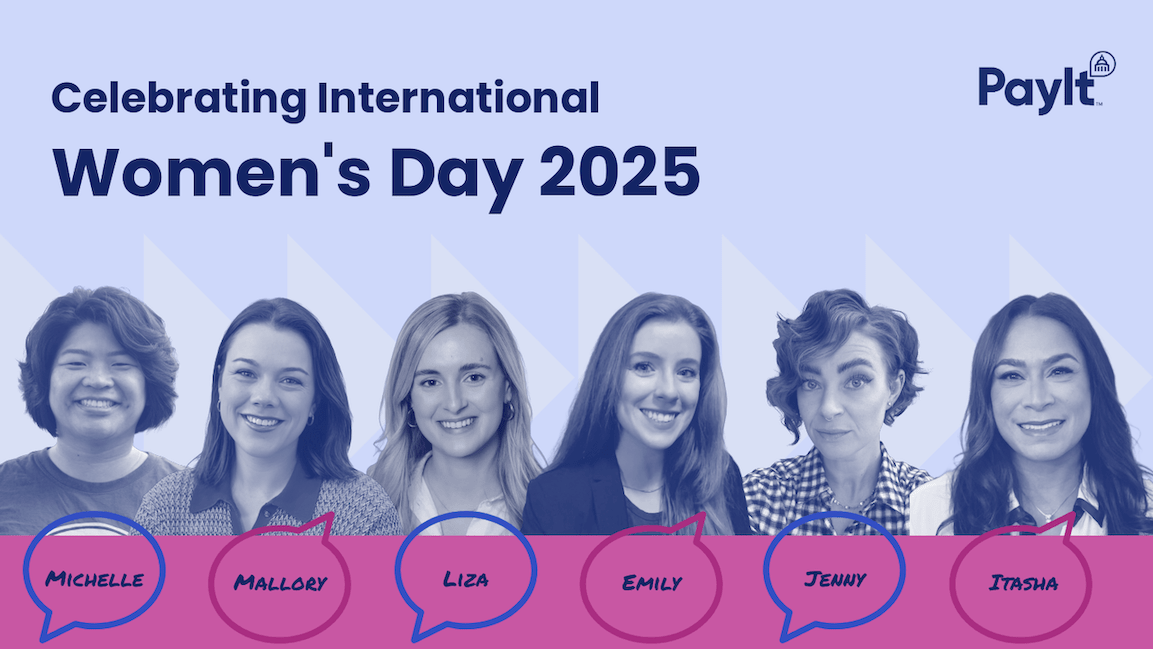 Graphic celebrating International Women's Day 2025, featuring six women smiling with their names—Michelle, Mallory, Liza, Emily, Jenny, and Itasha—displayed in colorful speech bubbles below.