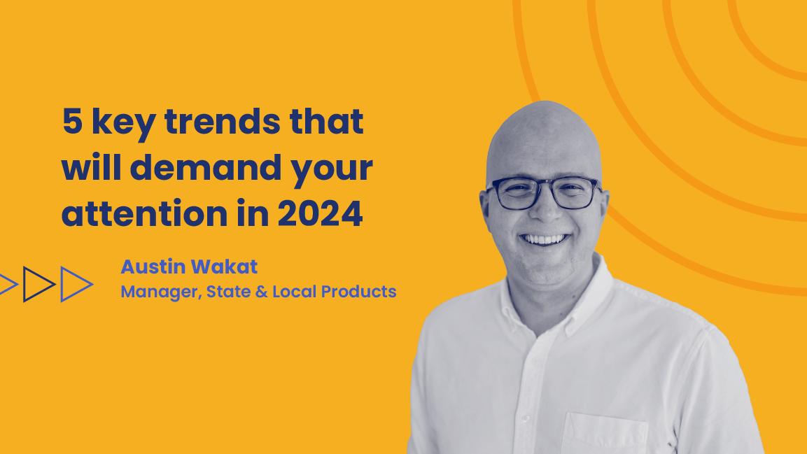 A black and white headshot of a man smiling with a dark yellow background. Text reads: 5 key trends that will demand your attention in 2024.