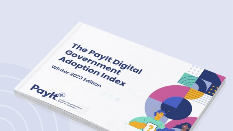 Cover of the “PayIt Digital Government Adoption Index: Winter 2023 Edition.” The design features the title in bold navy text on a white background, with the PayIt logo and tagline “Smarter for government. Easier for everyone.” in the bottom left. The bottom right corner includes colorful abstract shapes and illustrated figures holding a question mark, representing engagement and inquiry.