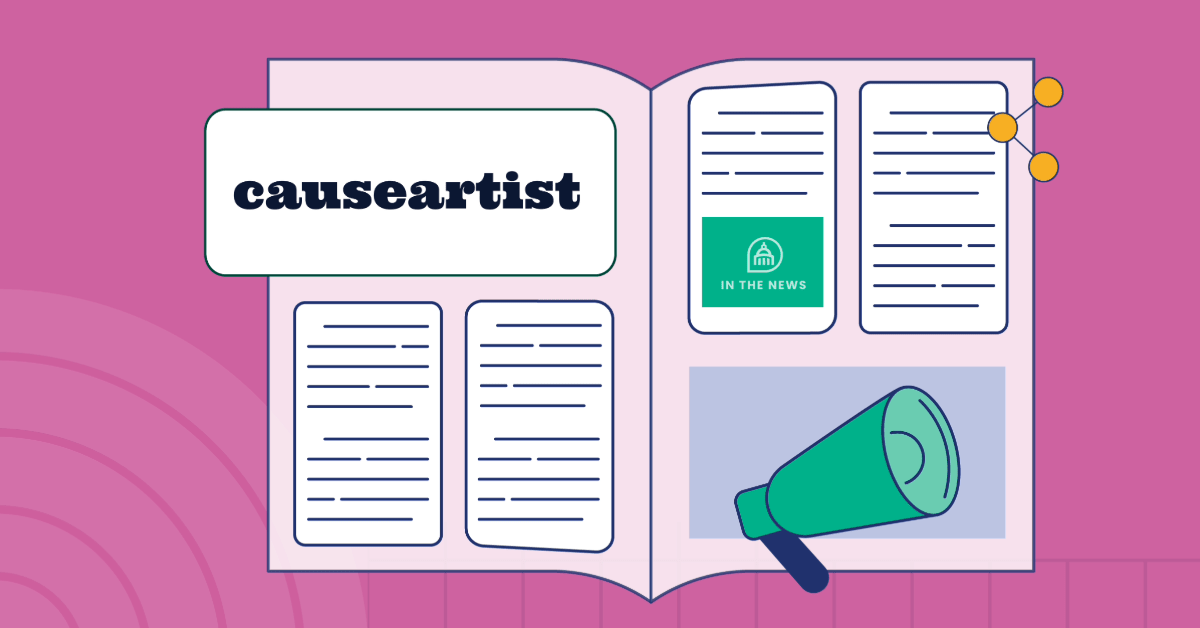 Illustration of an open magazine on a pink background. The left page features the title "causeartist" in bold font, while the right page includes stylized articles, a green “In the News” icon, and a megaphone graphic. The layout suggests media coverage or a press feature.