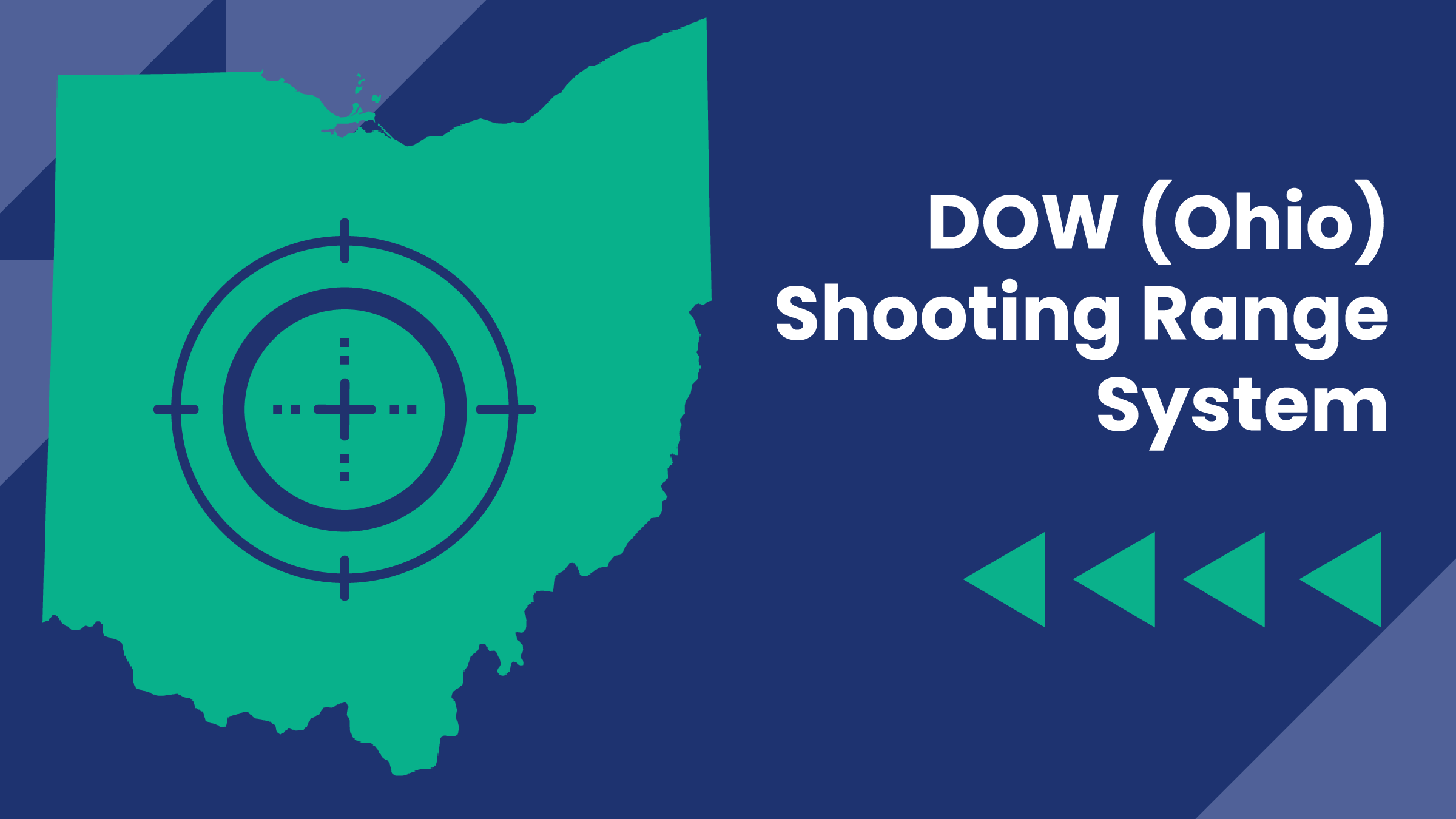 Graphic titled “DOW (Ohio) Shooting Range System” featuring a green silhouette of the state of Ohio with a target icon overlay. The background is dark blue with angular patterns and green arrows pointing left,