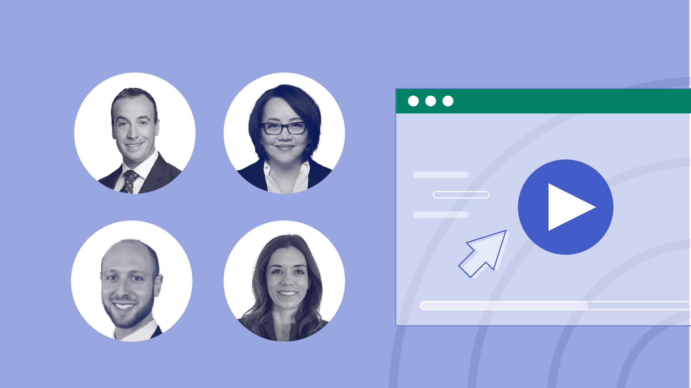 Graphic promoting a webinar on digitizing city services. The design features headshots of four speakers arranged in circular frames on the left, and a stylized web browser window with a play button on the right