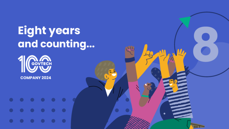 Illustration celebrating PayIt's eighth consecutive year as a GovTech 100 company in 2024. The graphic features the text “Eight years and counting…” alongside the GovTech 100 logo. Three illustrated characters cheer with raised hands in front of a large number 8 on a blue background.
