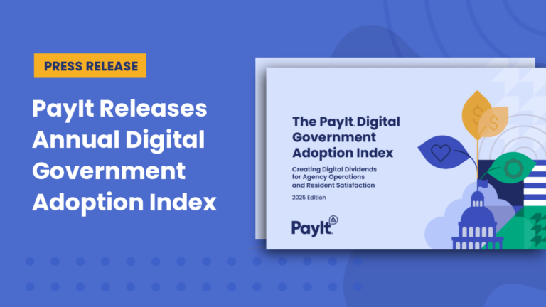 Graphic announcing the release of the 2025 PayIt Digital Government Adoption Index, with a press release label and a report cover illustration.