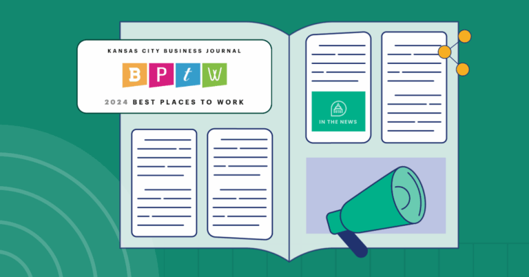Illustration of an open magazine celebrating PayIt’s recognition as a 2024 Best Place to Work by the Kansas City Business Journal. The left page highlights the colorful BPTW logo, while the right page shows stylized articles, a green “In the News” icon, and a megaphone graphic, symbolizing media coverage and public announcements.