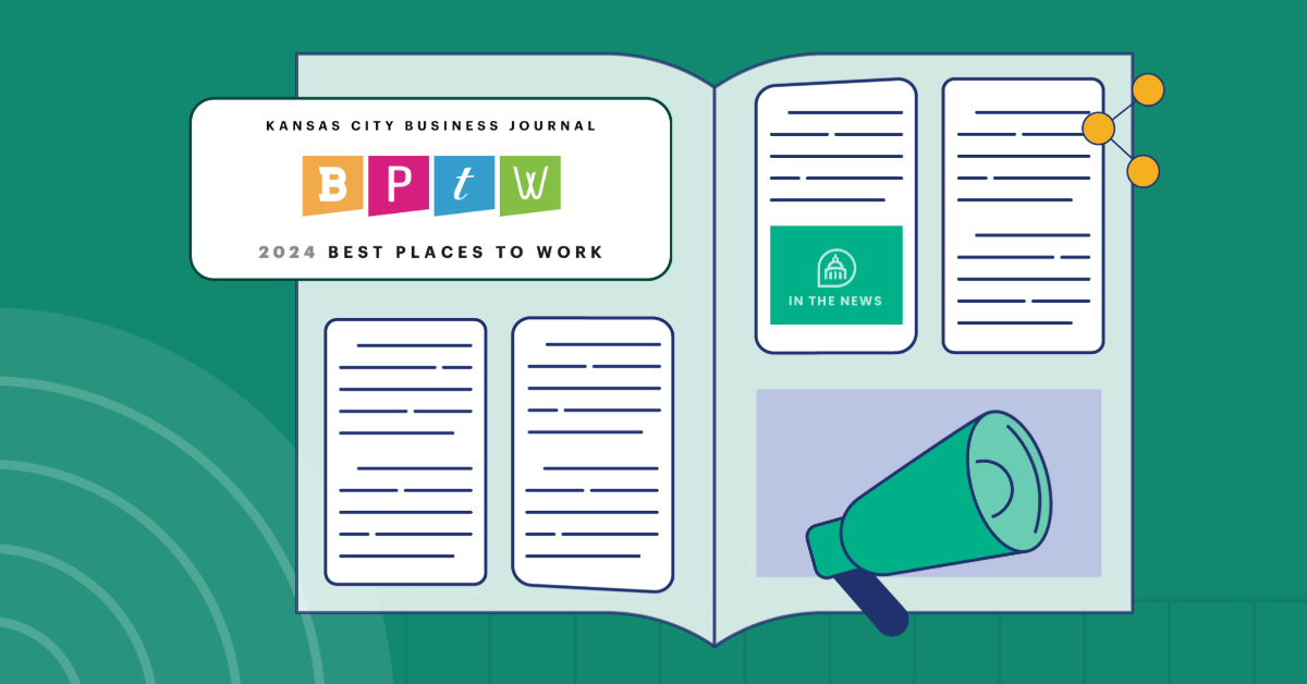 Illustration of an open magazine celebrating PayIt’s recognition as a 2024 Best Place to Work by the Kansas City Business Journal. The left page highlights the colorful BPTW logo, while the right page shows stylized articles, a green “In the News” icon, and a megaphone graphic, symbolizing media coverage and public announcements.
