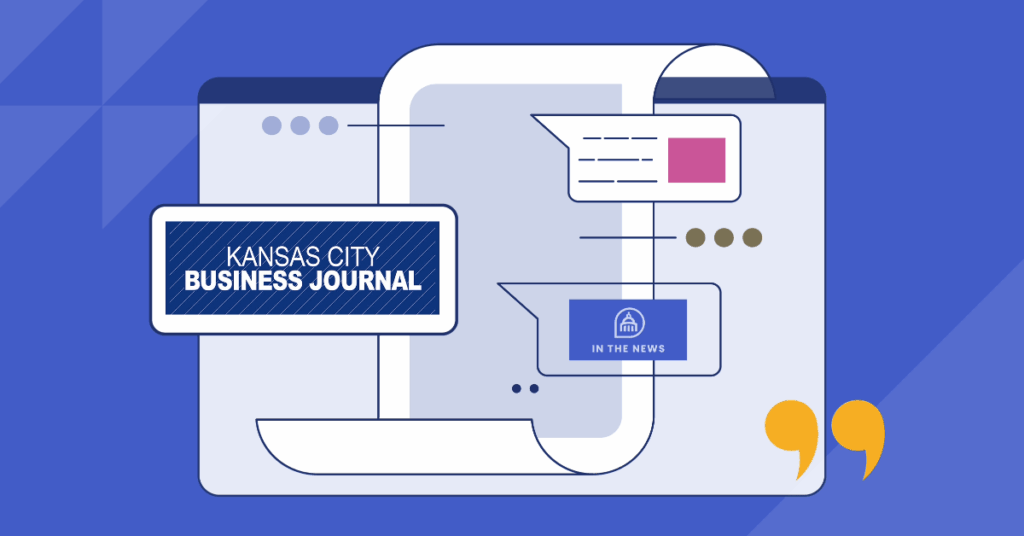 Illustration featuring the Kansas City Business Journal logo displayed on a screen, surrounded by stylized browser windows, text boxes, and a “In the News” icon. The background is blue with geometric patterns and quotation marks