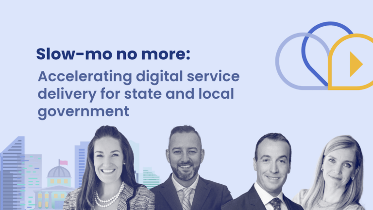Webinar graphic with the title "Slow-mo no more: Accelerating digital service delivery for state and local government," featuring four panelists and illustrated cityscape elements.