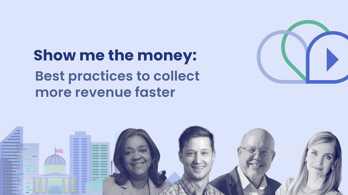 Webinar graphic with the title "Show me the money: Best practices to collect more revenue faster," featuring four smiling panelists and illustrated cityscape elements.
