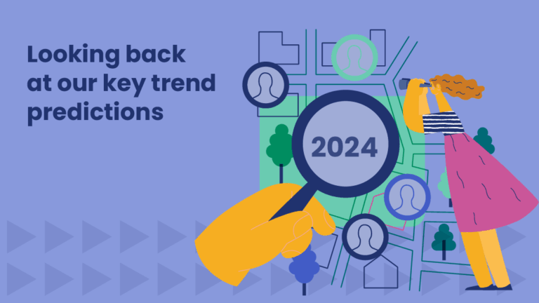 Graphic with the text “Looking back at our key trend predictions” on a purple background. The illustration features a hand holding a magnifying glass labeled “2024” over a map with user icons, while a woman looks through binoculars