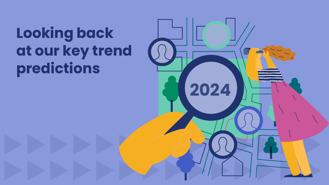 Graphic with the text “Looking back at our key trend predictions” on a purple background. The illustration features a hand holding a magnifying glass labeled “2024” over a map with user icons, while a woman looks through binoculars