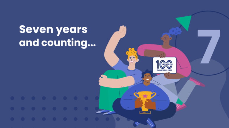 Graphic with the text “Seven years and counting…” on a dark blue background. Three illustrated people sit together, smiling and celebrating. One holds a “GovTech 100 Company 2023” plaque, and another holds a gold trophy