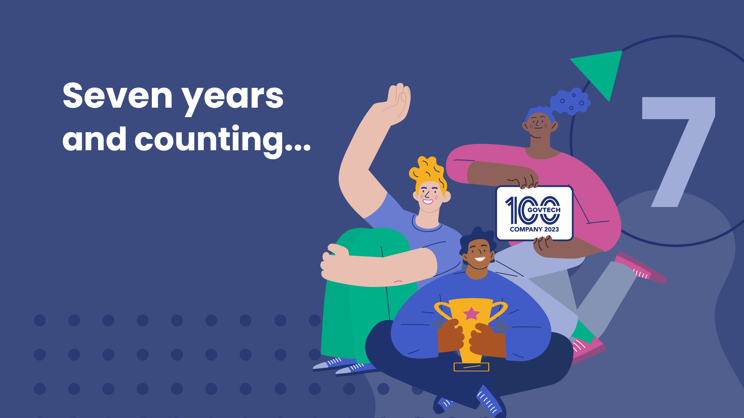 Graphic with the text “Seven years and counting…” on a dark blue background. Three illustrated people sit together, smiling and celebrating. One holds a “GovTech 100 Company 2023” plaque, and another holds a gold trophy