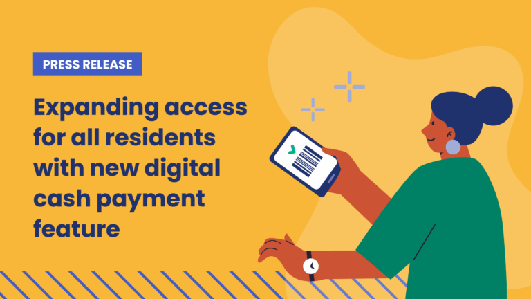 Press release graphic with the headline “Expanding access for all residents with new digital cash payment feature” on a yellow background. The illustration shows a woman holding a smartphone displaying a barcode