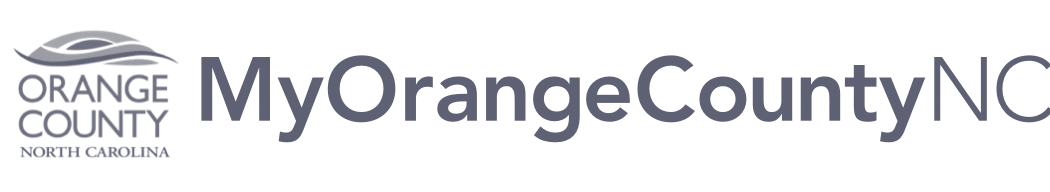 Logo for MyOrangeCountyNC featuring the Orange County, North Carolina government emblem on the left, with stylized wave graphics above the words “Orange County North Carolina,” followed by the text “MyOrangeCountyNC” in a clean, modern font.