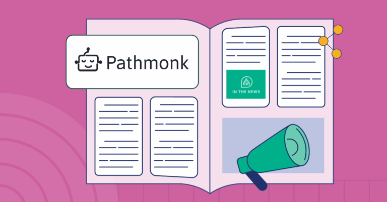 Illustration of an open magazine featuring the Pathmonk logo on the left page, alongside stylized article text. The right page includes a green “In the News” icon, additional article blocks, and a megaphone graphic, all set against a pink background with curved line patterns