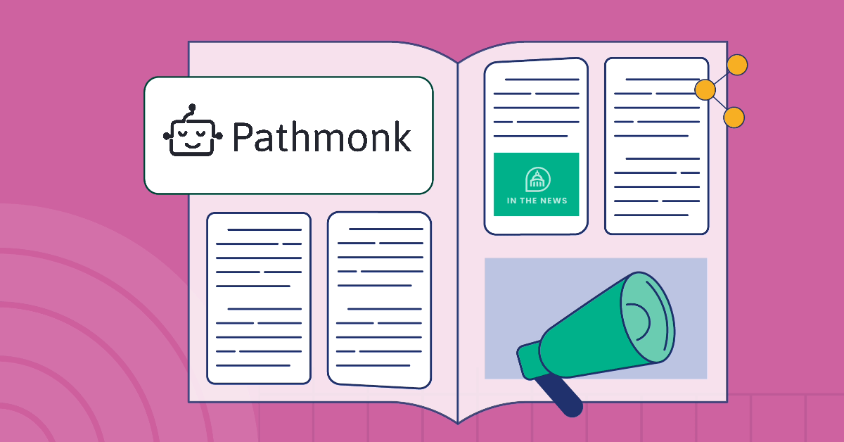 Illustration of an open magazine featuring the Pathmonk logo on the left page, alongside stylized article text. The right page includes a green “In the News” icon, additional article blocks, and a megaphone graphic, all set against a pink background with curved line patterns