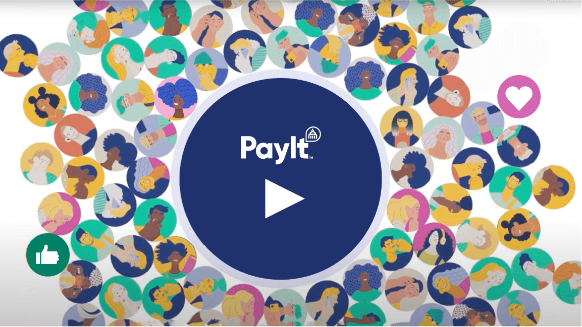 Illustrated video thumbnail featuring a large navy circle with the PayIt logo and a white play button in the center. Surrounding the circle are colorful illustrated portraits of people inside circular frames.