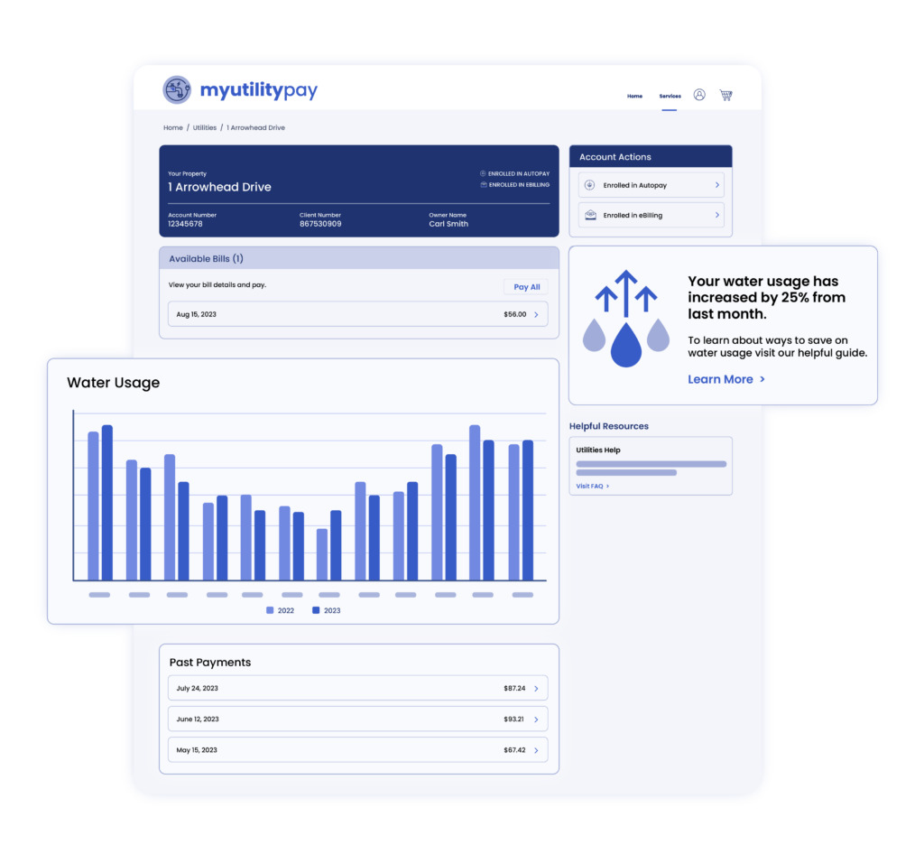 Screenshot of a web-based utility payment dashboard labeled “myutilitypay.” The interface shows account details for a property at 1 Arrowhead Drive, with options for viewing and paying bills. A water usage chart compares monthly consumption for 2022 and 2023, and a highlighted message notes a 25% increase in water usage from the previous month. The dashboard also includes past payment history, account actions for enrolling in autopay and eBilling, and links to helpful resources.