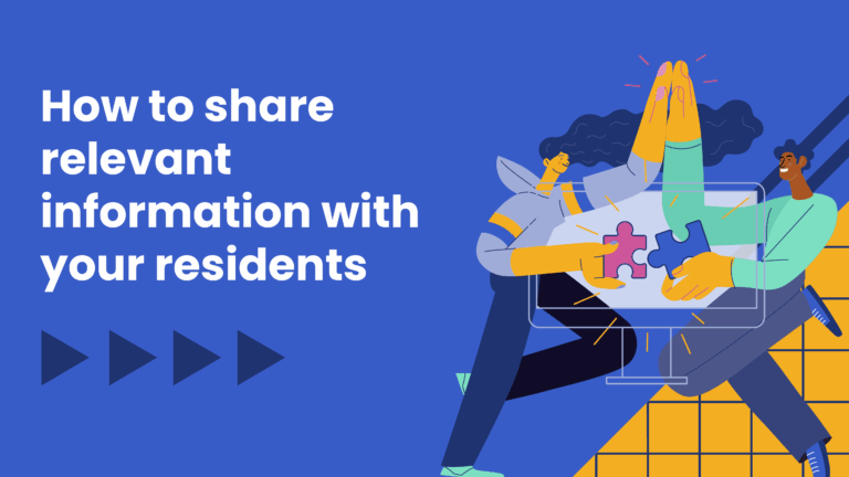 Graphic with the headline “How to share relevant information with your residents” on a blue background. The illustration shows two people giving a high-five through a computer monitor while holding interlocking puzzle pieces