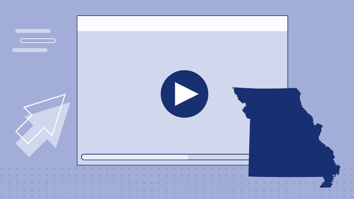 Graphic showing a video player interface with a large play button centered on a light purple background. To the right, there is a dark blue silhouette of the state of Missouri