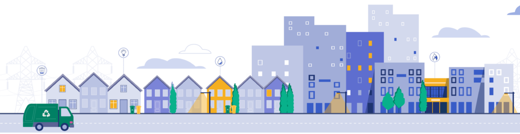 Illustrated cityscape featuring a row of suburban homes, mid-rise and high-rise buildings, utility poles, power lines, and a recycling truck driving along a road. The background includes clouds and trees, with icons representing utilities like electricity, gas, and recycling integrated above several buildings.