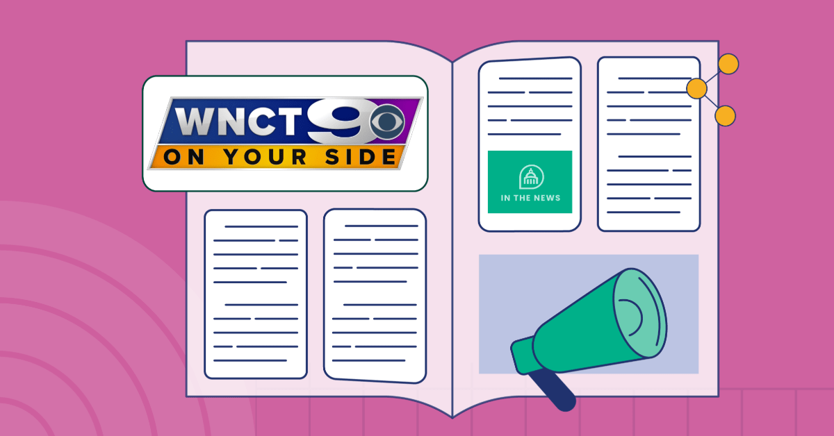 Illustration of an open magazine featuring the WNCT 9 "On Your Side" news logo on the left page. The right page includes stylized articles, a green “In the News” icon, and a megaphone graphic, set against a pink background with abstract design elements