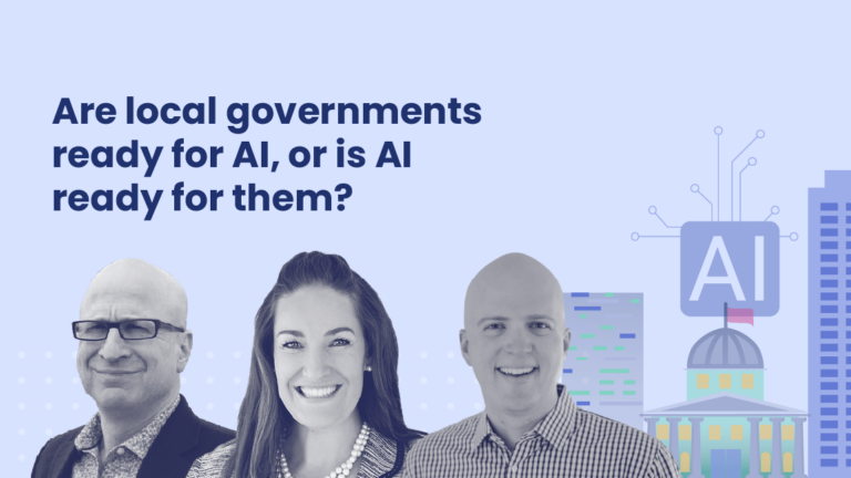 Webinar graphic with the title "Are local governments ready for AI, or is AI ready for them?" featuring three smiling panelists and illustrated AI and city elements in the background.