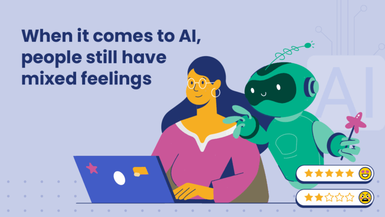 Illustration with the text “When it comes to AI, people still have mixed feelings.” The image shows a woman working at a laptop while a friendly robot gestures beside her. To the right, two rating bars display different reactions: one with five stars and a happy face, and another with two stars and a sad face