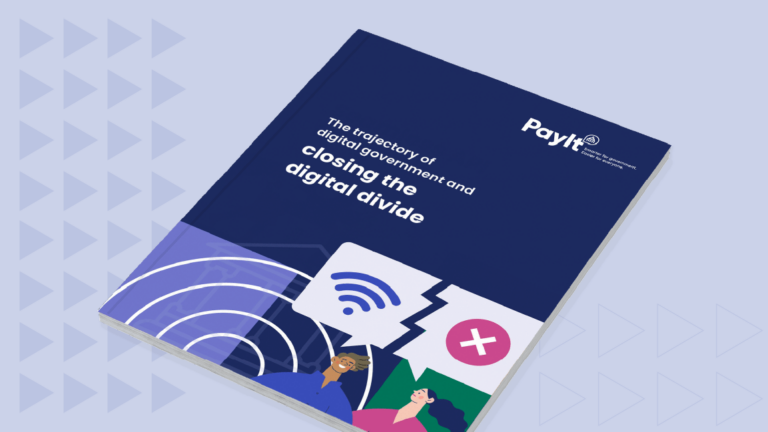 Cover image of a white paper titled “The trajectory of digital government and closing the digital divide,” published by PayIt. The design features a dark blue background with stylized illustrations of a Wi-Fi symbol, a connection error icon, and diverse individuals, symbolizing themes of connectivity and inclusion in digital government.