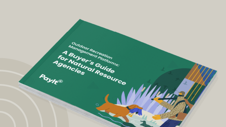 Cover image of a white paper titled “Outdoor Recreation Management Platforms: A Buyer’s Guide for Natural Resource Agencies,” published by PayIt. The cover features a green background with an illustrated scene of a person fishing with a dog by their side, set against a backdrop of nature, including trees, birds, and water.