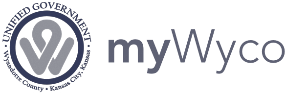 Logo for myWyco, featuring the official seal of the Unified Government of Wyandotte County and Kansas City, Kansas on the left. The seal includes a stylized "W" emblem surrounded by text, and to the right, the word “myWyco” appears in a modern sans-serif font.