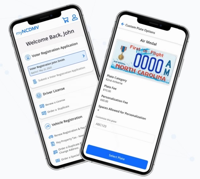Two smartphone screens displaying the myNCDMV mobile app. The left screen shows a user dashboard with options for voter registration, driver license renewal, and vehicle registration tasks. The right screen shows the custom plate options interface, featuring an Air Medal license plate design from North Carolina with fields to customize the plate text and view associated fees.