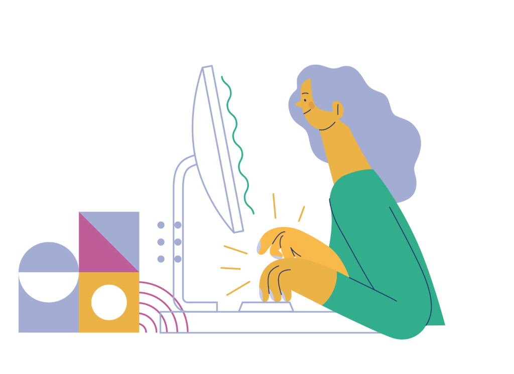 Illustration of a woman with long purple hair typing on a desktop computer. She is smiling and wearing a green top. The desk is decorated with colorful abstract geometric shapes in pink, yellow, white, and purple tones. Wavy lines and spark-like symbols emphasize typing activity.