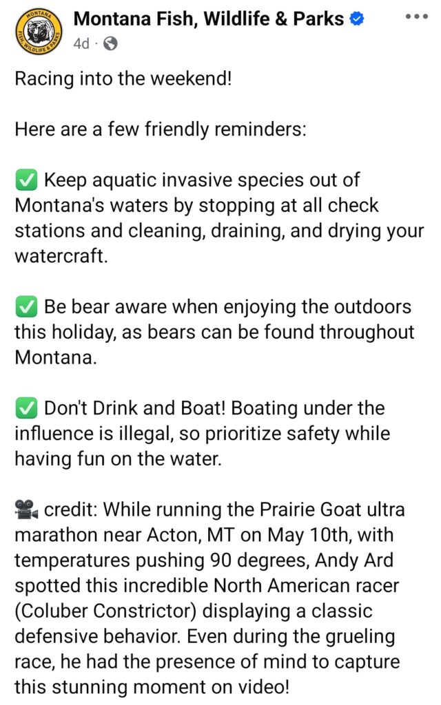 Montana Fish, Wildlife & Parks Facebook post with weekend safety tips, including stopping invasive species, bear awareness, and avoiding boating under the influence.