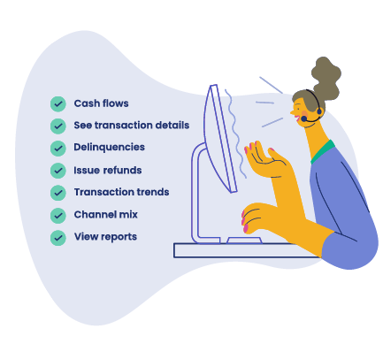A list of solution functionality includes cash flows, see transaction details, delinquencies, issue refunds, transaction trends, channel mix, and view reports.